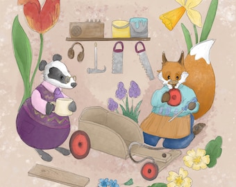 Pre-order Fabric panel Felix and Brock carpentry on cream 30.5 cm square quilting cotton