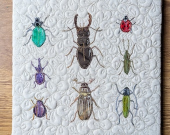 Printed pattern for bug specimens beetles 12" pattern raw edge applique tutorial free motion embroidery