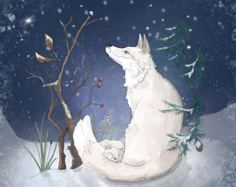 Pre-order arctic circle fox and cub panel on quilting cotton 30.5 by 30.5 cms