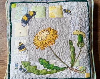 Finished cushion cover  with Bees and dandelion cushion 14"  raw edge applique tutorial free motion embroidery