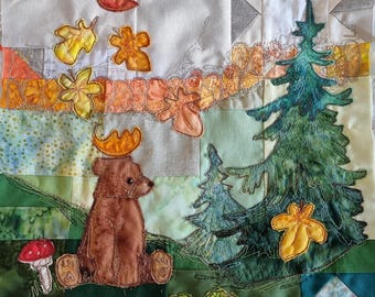 Printed pattern for  'Rocky Mountain" block 2 quilt bear mountain raw edge applique tutorial free motion embroidery