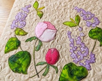 Fabric kit and Printed pattern for lilacs and peonies 12" pattern raw edge applique tutorial free motion embroidery