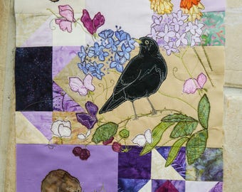 Printed pattern for Block of the month 6 blackbird, shrew, butterfly  raw edge applique tutorial free motion embroidery