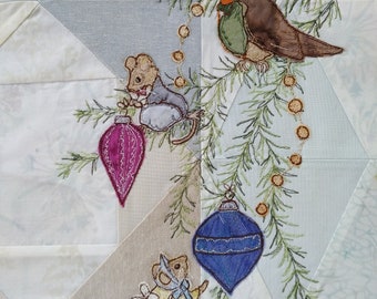 Month 5 PDF pattern Mice and robin Vintage Christmas Block of the Month 2019 Free motion embroidery raw edge applique