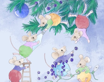 Christmas Mice tree decorating printed panel on quilting cotton 30 by 30cms