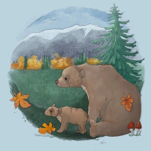 May include: A watercolour illustration of a brown bear and a brown bear cub in a woodland setting. The bear and cub are standing in a clearing with green grass and trees in the background. There are fallen leaves on the ground and a mountain range in the distance.