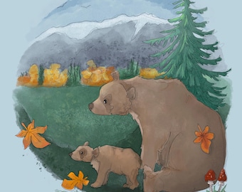 Pre-order bear and rocky mountains printed panel on quilting cotton 30.5 by 30.5 cms