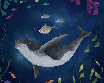 Pre -order swimming lesson hump back whale printed panel on quilting cotton 30.5 by 30.5 cms