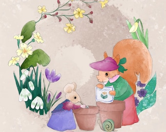 Pre-order Fabric panel Early spring gardening squirrel miss poppy & Florrie mouse  on teal 30.5 cm square quilting cotton