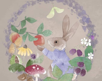 Pre-order Fabric panel victorian baltimore autumn rabbit on light taupe 30cm square quilting cotton
