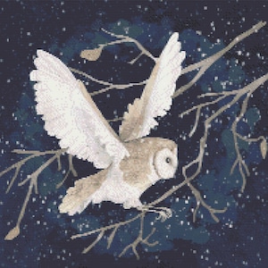 May include: A cross-stitch design of a barn owl in flight. The owl has white and tan feathers, with outstretched wings. It is perched on a branch against a dark blue background with a starry night effect. The design has a pixelated appearance.