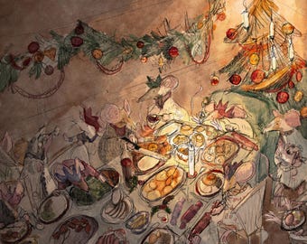 Pre -order Mice christmas feast -Nance Walpole printed panel on quilting cotton 30.5 by 30.5cms