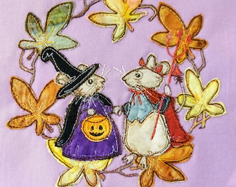 Fabric Kit and Printed pattern for 'Miss Penny and the Devil' halloween mice witch devil raw edge applique tutorial free motion embroidery