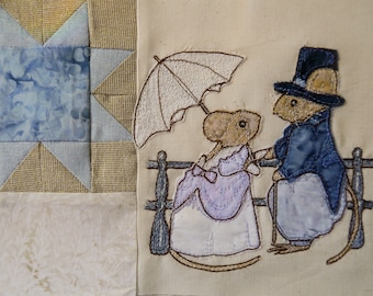 PDF pattern for Beside the seaside 3 Victorian Mice promenade lovers raw edge applique tutorial free motion embroidery