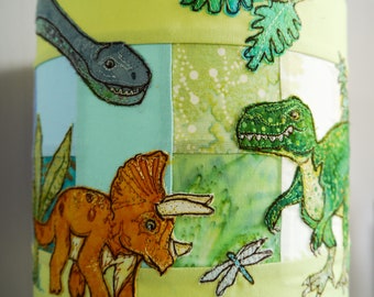 Pattern for Dinosaur scene lampshade raw edge applique free motion embroidery tyrannosaurus rex, triceratops, argentinosaurus