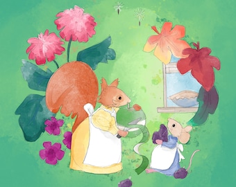 Pre-order Fabric panel autumn baking pies squirrel miss poppy & Florrie mouse  on green 30.5 cm square quilting cotton