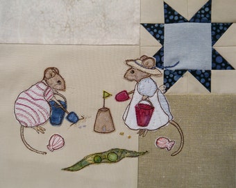 PDF pattern for Beside the seaside Victorian Mice making sandcastles raw edge applique tutorial free motion embroidery