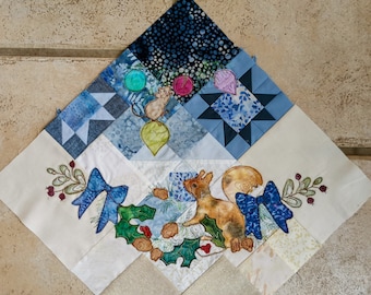 PDF pattern Winter Tree Skirt" Block 4 applique Christmas tree skirt squirrel and mouse blue gold