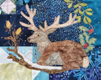 PDF Pattern for Block 3 Winter wreath 12 by 10" panel with Stag free motion embroidery applique patchwork