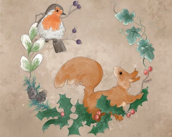 Pre -order Christmas robin and squirrel printed panel on quilting cotton 30.5 by 30.5 cms