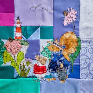 May include: A colorful quilt with a whimsical design featuring a lighthouse, a squirrel, and two mice. The quilt is made of various fabrics and textures, including a blue and white floral pattern, a green and white plaid pattern, and a solid red fabric.