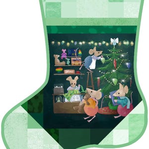 May include: A Christmas stocking with a green and white patchwork design. Inside, a whimsical scene depicts mice decorating a Christmas tree with ornaments and toys. The background is a dark green with string lights.