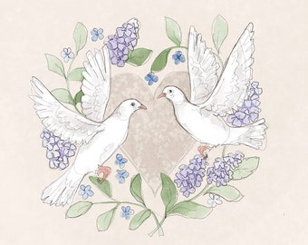 Pre-order wedding white doves lilac heart spring cream panel on quilting cotton 30.5 by 30.5 cms