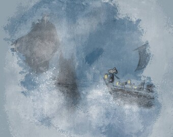 Captain Harry in the fog printed panel on quilting cotton 30 by 30cms