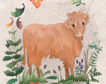 Highland cow 8 inch art print on watercolour paper or set of 5 145mm greeting cards 145mm square blank inside