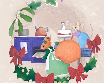 Pre-order Fabric panel December Christmas baking squirrel miss poppy & Florrie mouse  on light taupe 30.5 cm square quilting cotton
