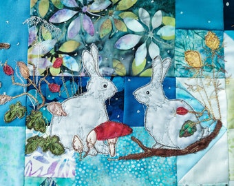 PDF Pattern for Block 7 Winter wreath 32 by 4 top border panel with bunnies free motion embroidery applique patchwork