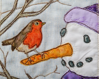 Printed pattern for Snowman and robin raw edge applique tutorial free motion embroidery