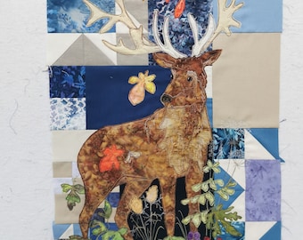 Printed pattern for Autumn Forest  block 1 and 2 quilt Stag free motion embroidery applique raw edge
