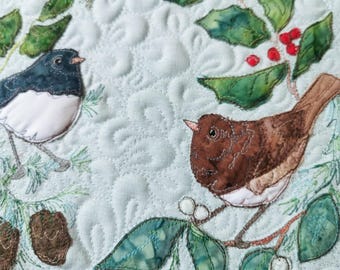 Fabric kit and printed pattern for I2" block with dark eyed juncos winter
