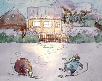 Snow ball fight -Nance Walpole printed panel on quilting cotton 30.5 by 30.5cms