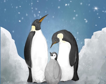 Winter penguin family Fabric panel 30.5 cm square quilting cotton