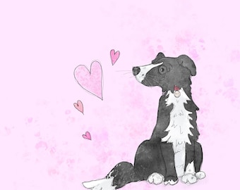 Pre-order Fabric panel Border collie on pink dog valentines background 30.5cm square quilting cotton