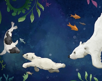 Pre -order swimming lesson bright polar bears harp seals printed panel through the seasons 60.5 by 30.5 cms
