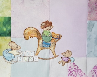 PDF pattern for Block 13 Life in the Town Victorian Mice Nursery rocking squirrel  raw edge applique tutorial free motion embroidery