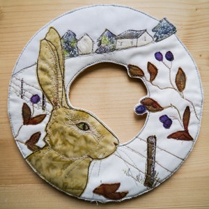 PDF pattern for Winter Hare Wreath 8&quot;  with Printed pattern raw edge applique tutorial free motion embroidery