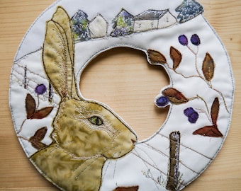 PDF pattern for Winter Hare Wreath 8"  with Printed pattern raw edge applique tutorial free motion embroidery