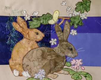PDF pattern for A Study in Lilac block 7 Rabbit pair raw edge applique tutorial free motion embroidery