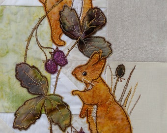 Printed pattern for Highlands quilt block 2 squirrels and blackberries raw edge applique tutorial free motion embroidery