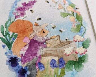 Pre-order miss poppy giclee print A4 beekeeper gardening spring squirrel on watercolour paper mount and backing board