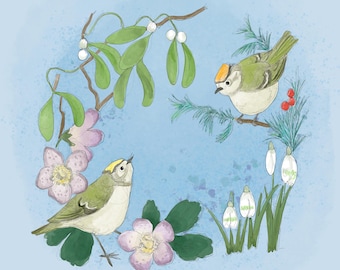 Pre-order Fabric panel winter goldcrests and leaves berries watercolour effect on blue 30. 5cm square quilting cotton