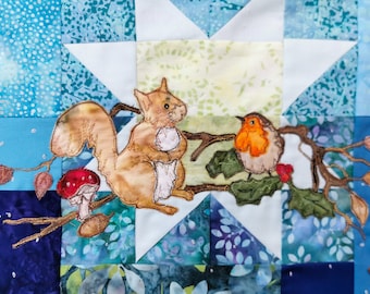 PDF Pattern for Block 6 Winter wreath 32 by 4 top border panel with robin squirrel free motion embroidery applique patchwork