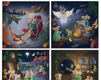 Pre-order Fabric set of panels nativity hedgerow scene mice on navy mixed sizes quilting cotton