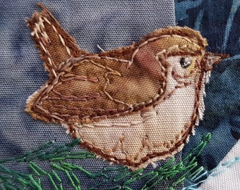 PDF pattern for the Winter Hedgerow Block 2 wren hare mouse pine-needles quilt raw edge applique tutorial free motion embroidery