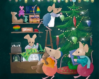 Vintage Christmas toy shop mice printed panel on quilting cotton 30.5 by 30.5 cms