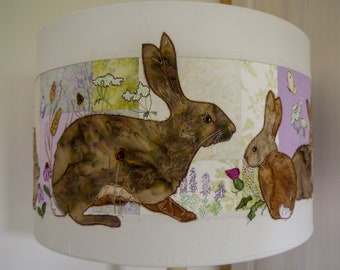 Printed pattern for Hare and Leverets lampshade raw edge applique tutorial free motion embroidery 40cm drum lampshade